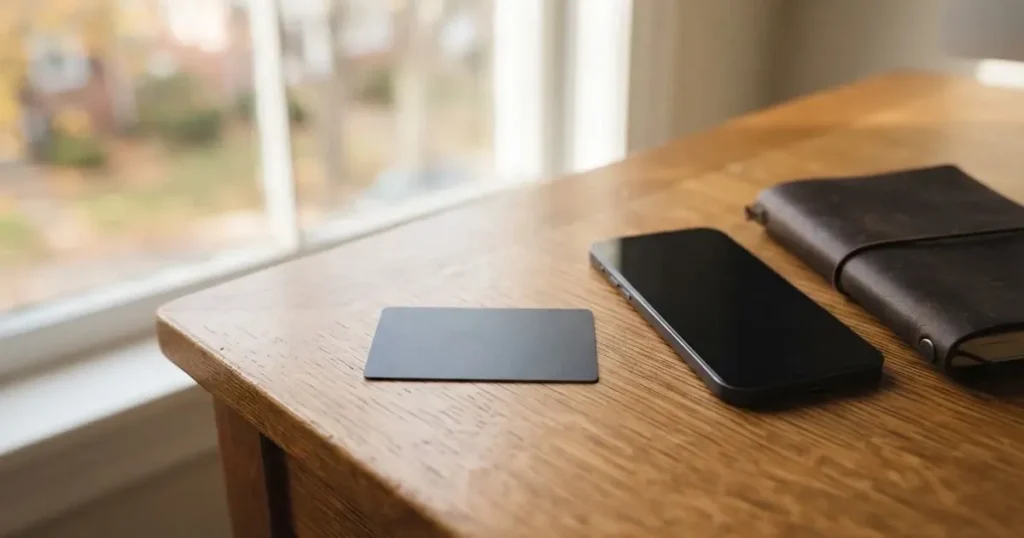 A payment card next to a phone with a crypto wallet app open