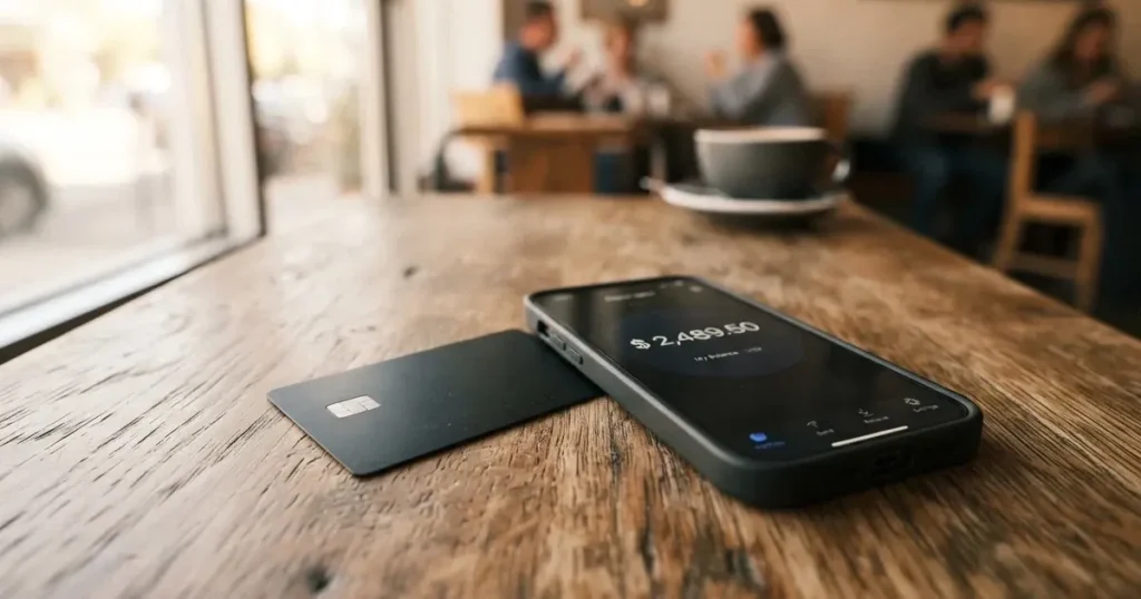 A payment card next to a phone with a crypto wallet app open