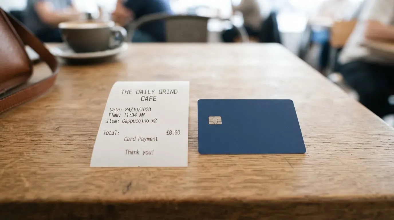 A receipt and a card on a café table