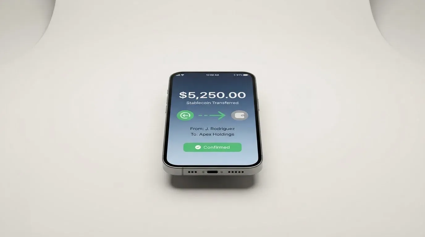 A phone showing a stablecoin transfer screen