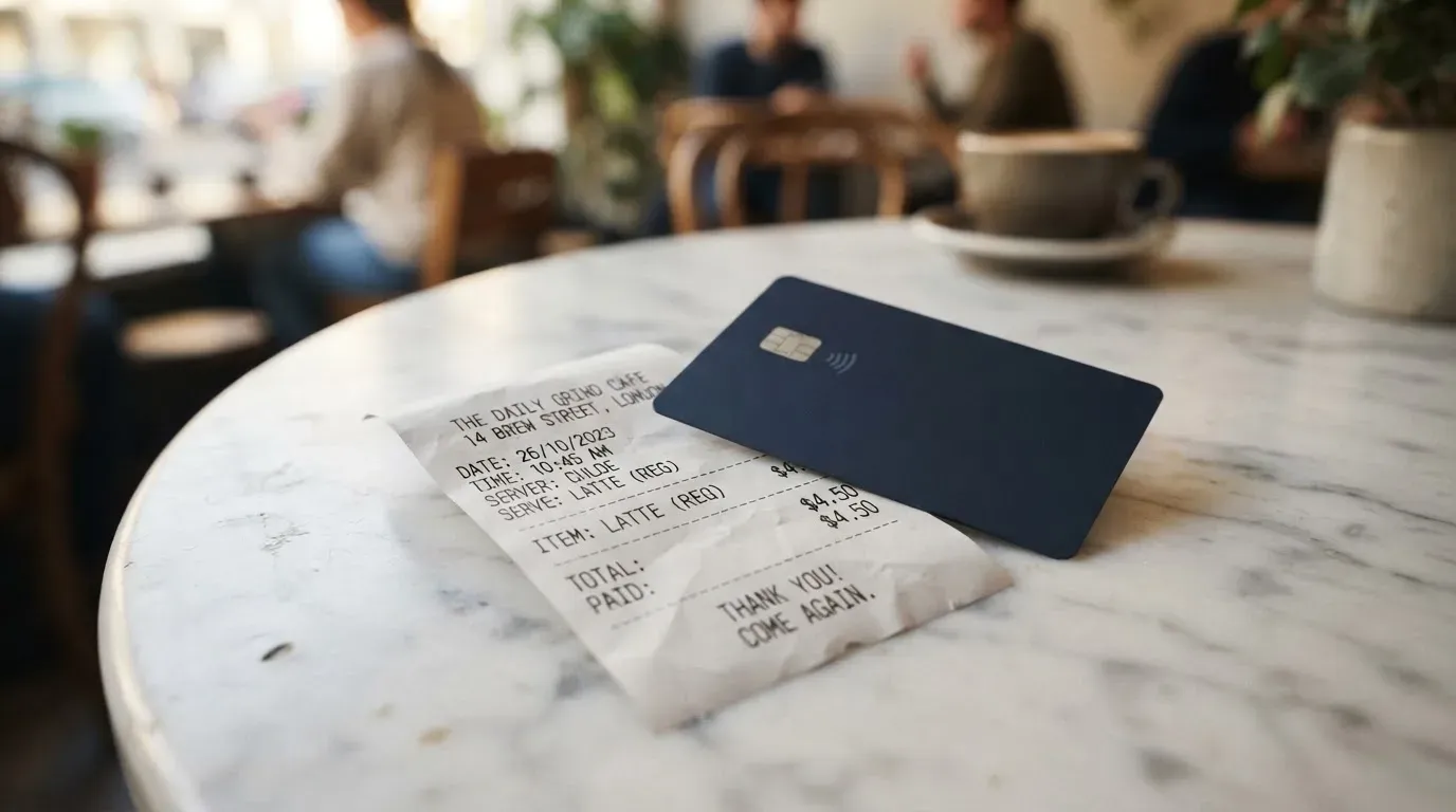 A receipt and a card on a café table