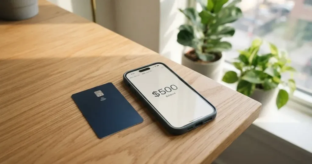 A payment card next to a phone with a crypto wallet app open
