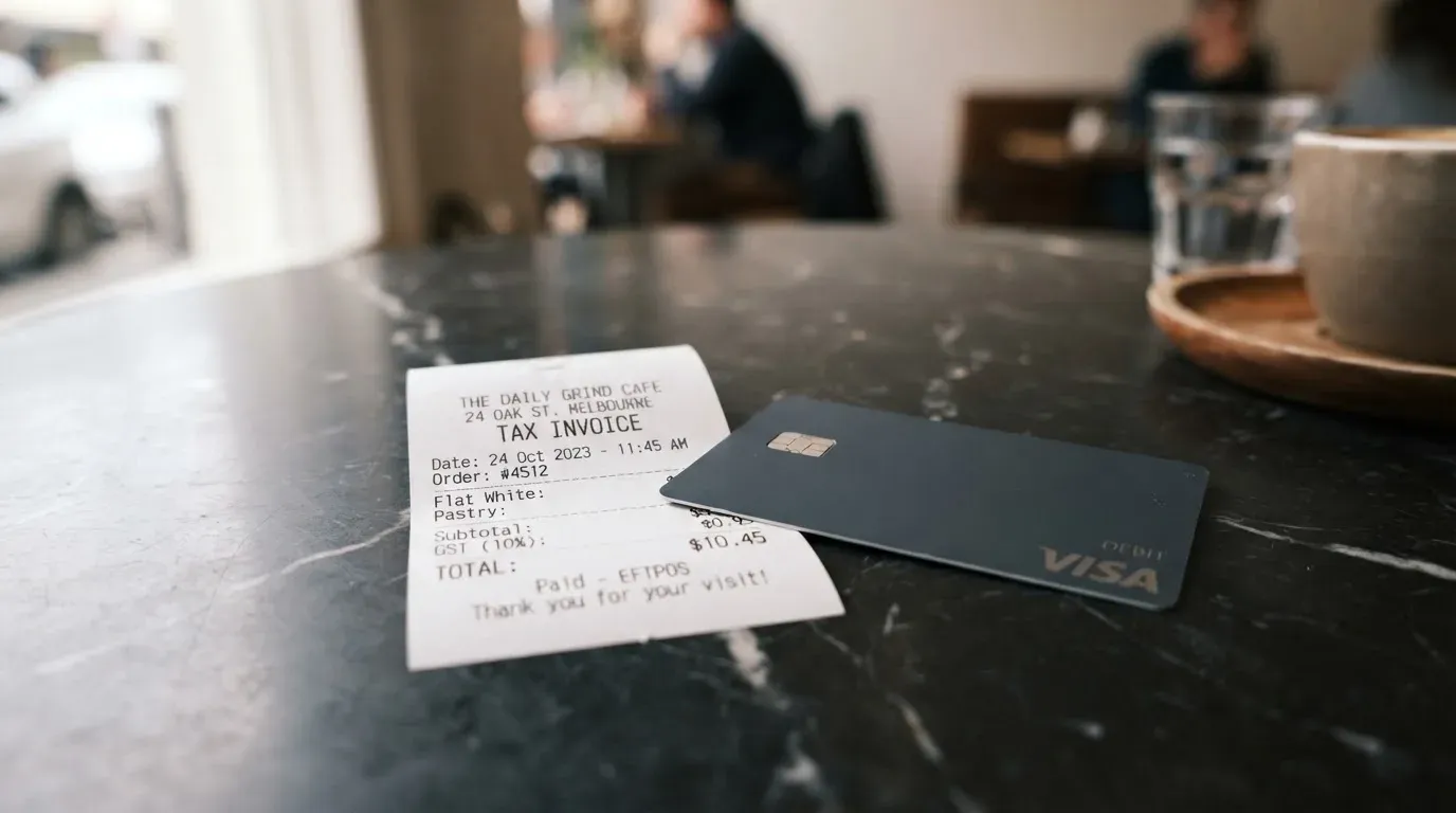 A receipt and a card on a café table