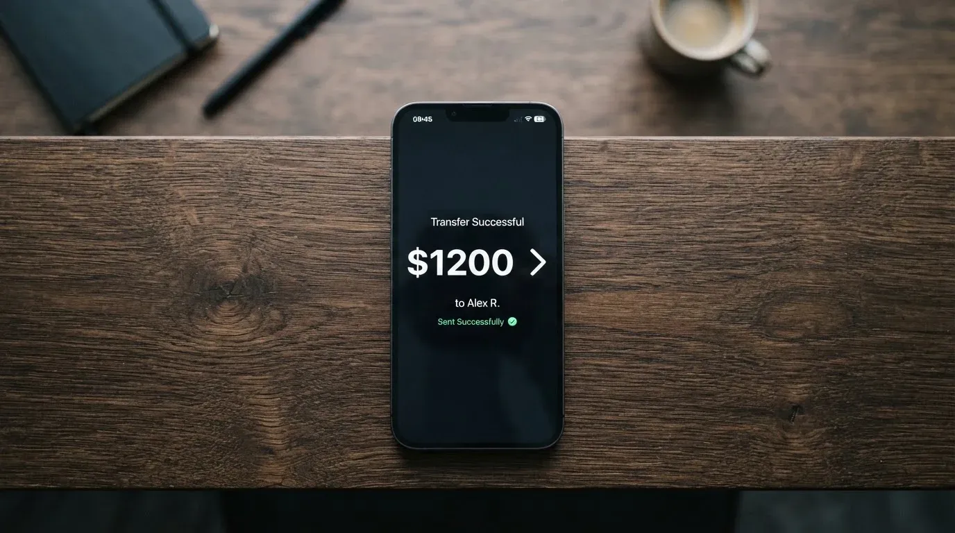 A phone showing a stablecoin transfer screen