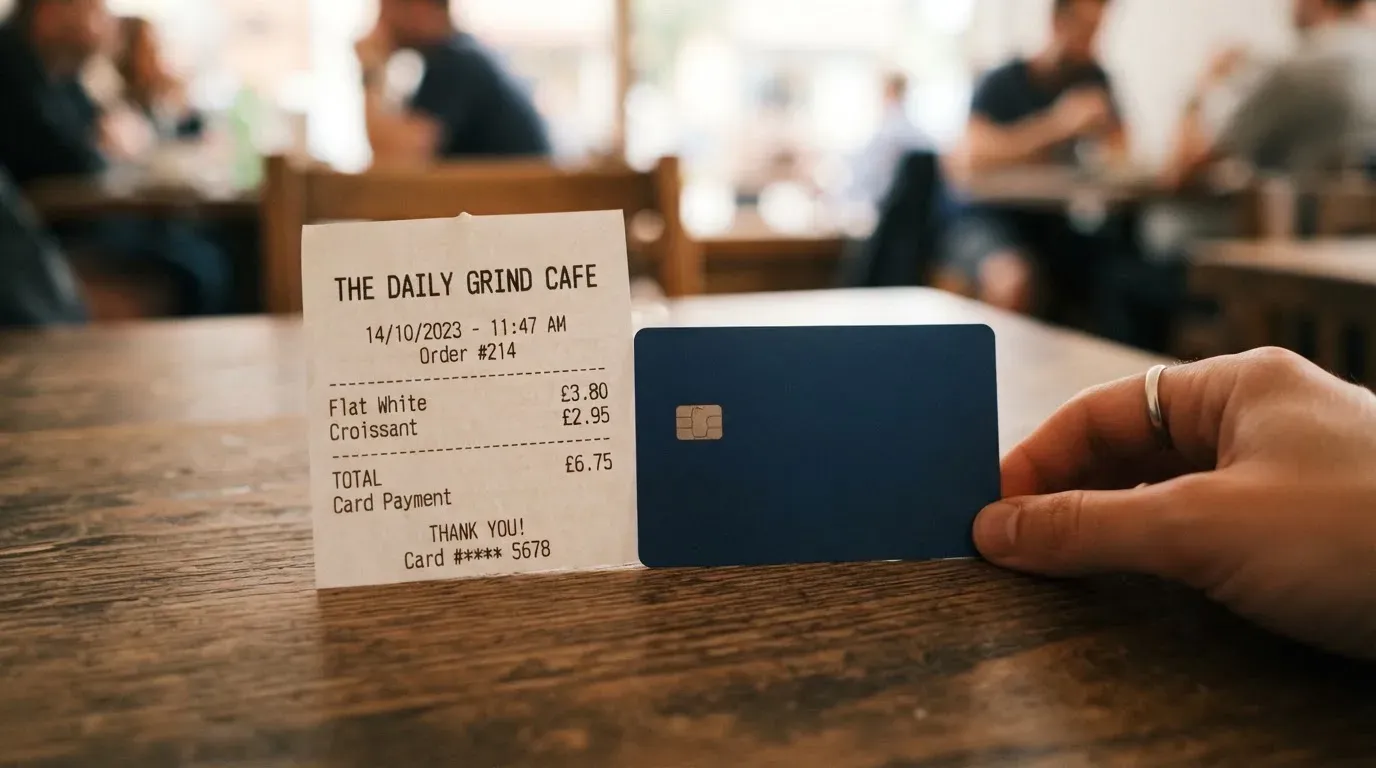 A receipt and a card on a café table