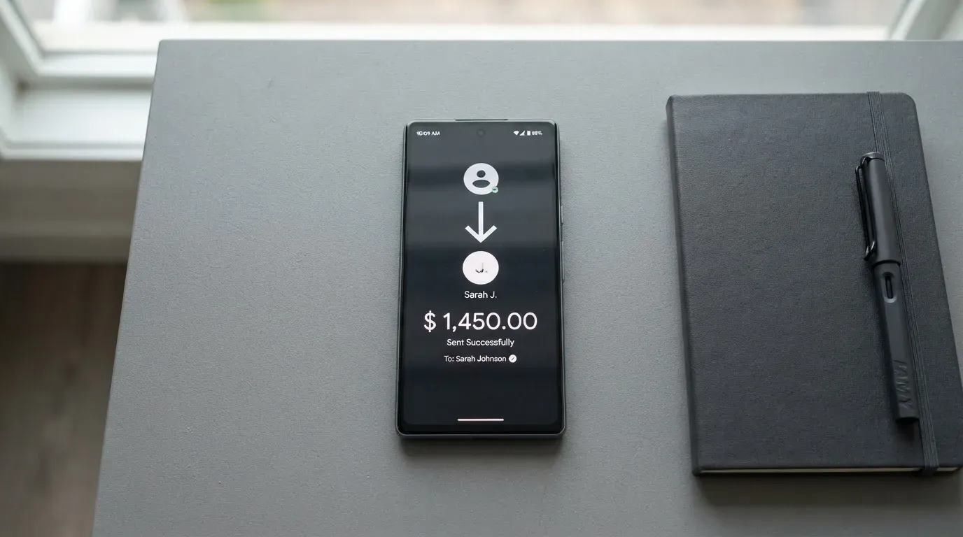 A phone showing a stablecoin transfer screen