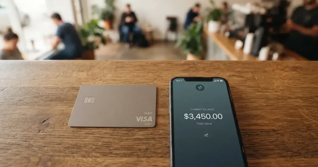 A payment card next to a phone with a crypto wallet app open