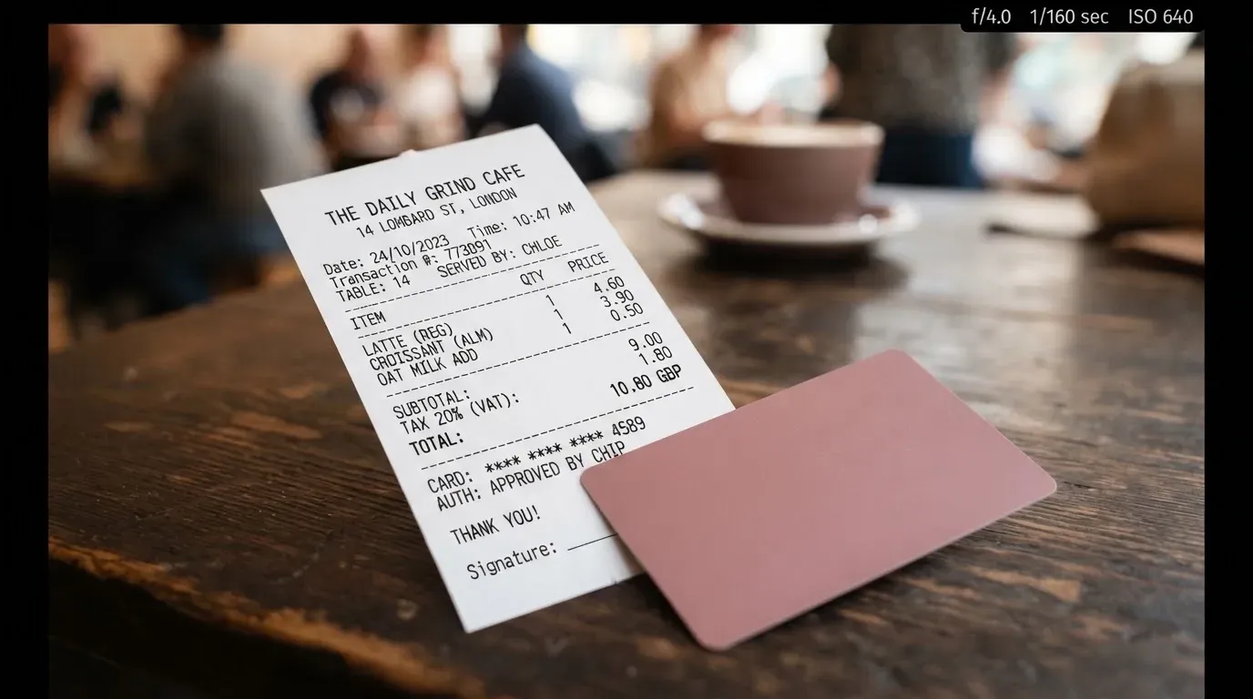 A receipt and a card on a café table