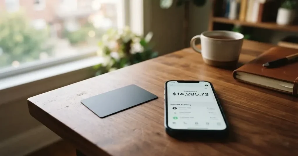 A payment card next to a phone with a crypto wallet app open