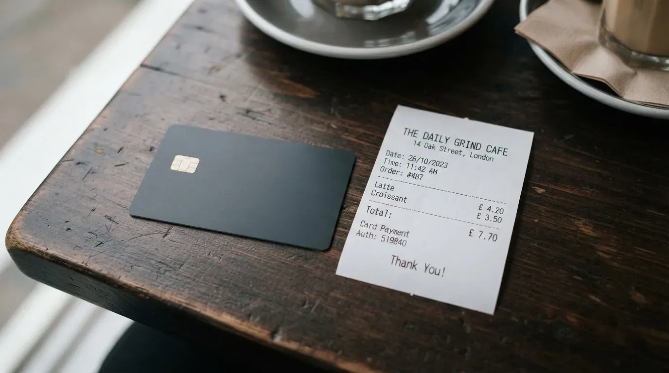 A receipt and a card on a café table