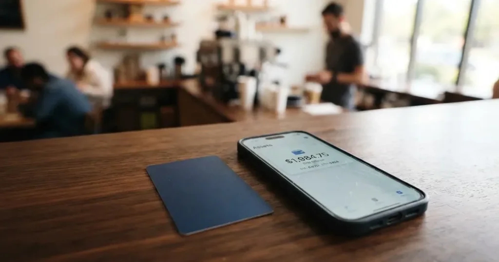 A payment card next to a phone with a crypto wallet app open