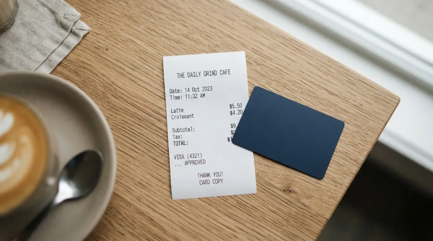 A receipt and a card on a café table