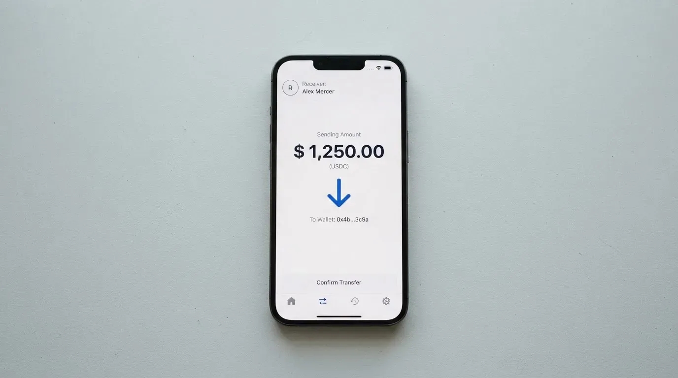 A phone showing a stablecoin transfer screen