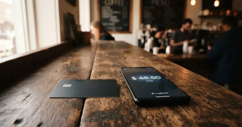 A payment card next to a phone with a crypto wallet app open