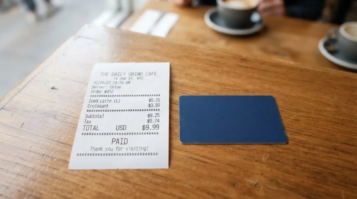 A receipt and a card on a café table