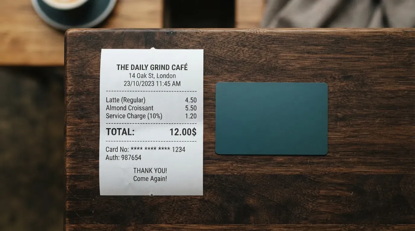 A receipt and a card on a café table
