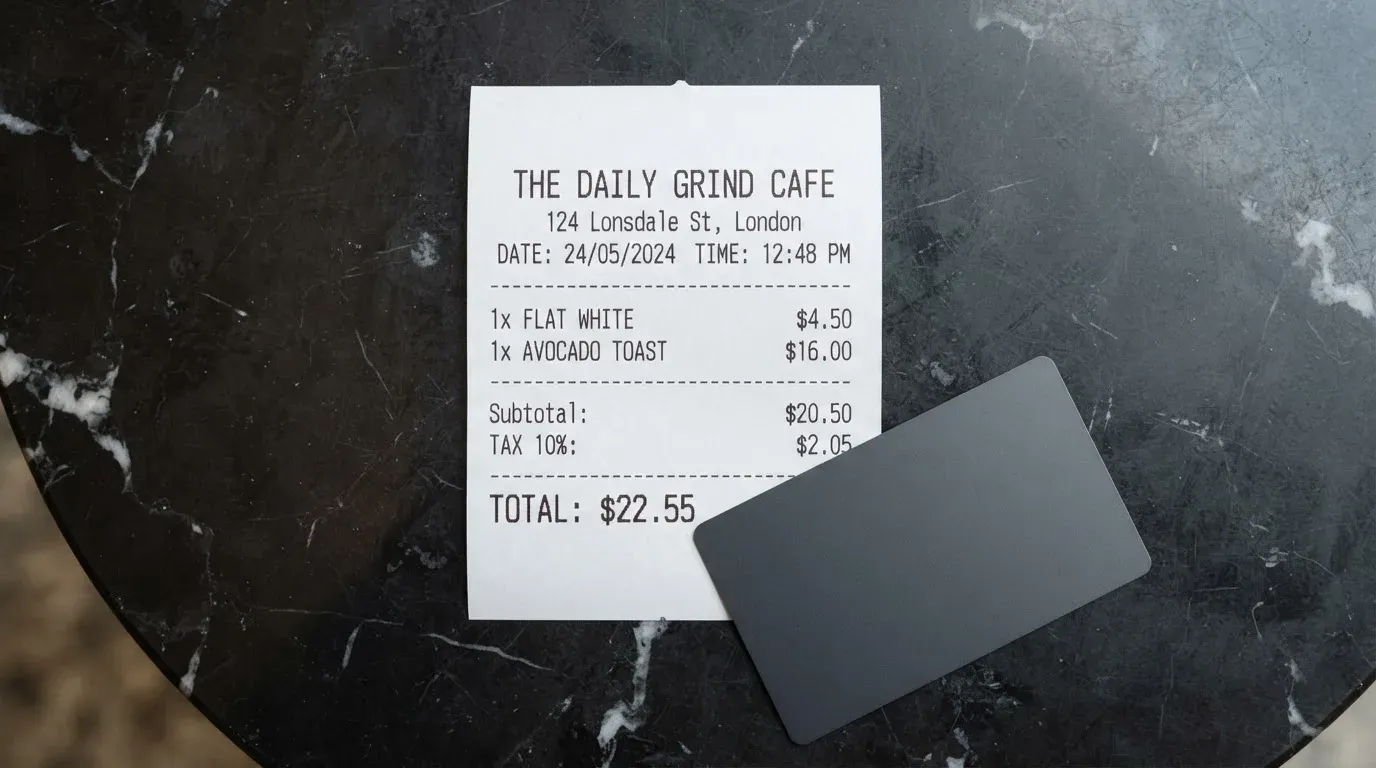 A receipt and a card on a café table