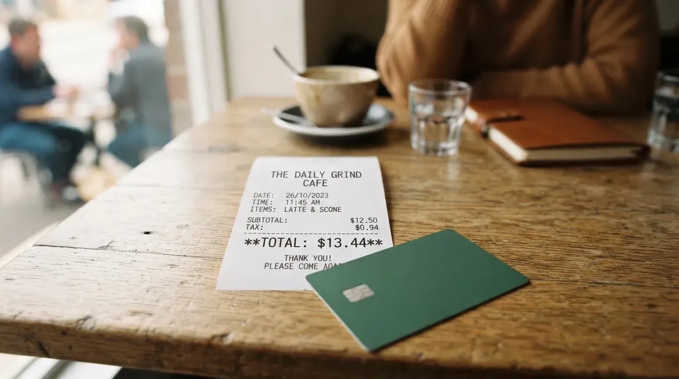 A receipt and a card on a café table