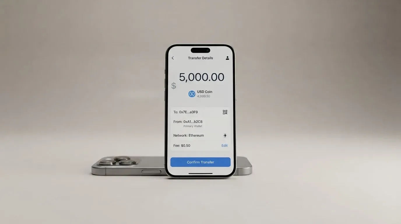 A phone showing a stablecoin transfer screen