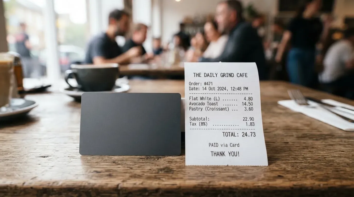 A receipt and a card on a café table