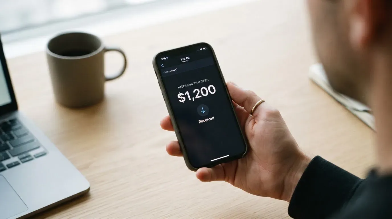 A phone showing a stablecoin transfer screen