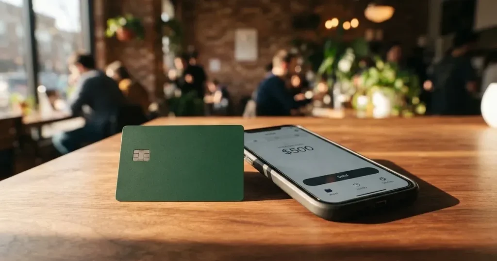 A payment card next to a phone with a crypto wallet app open