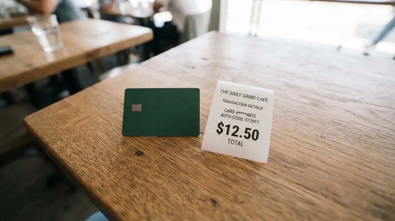 A receipt and a card on a café table