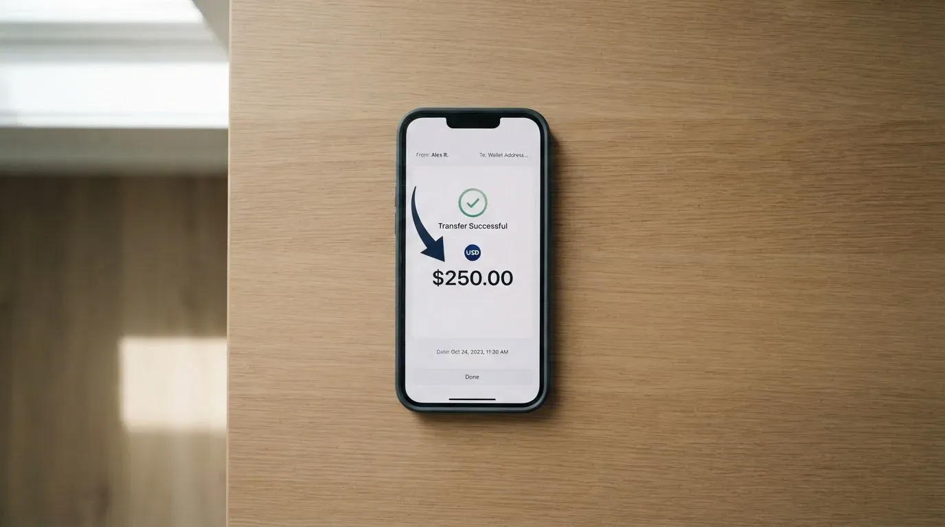 A phone showing a stablecoin transfer screen