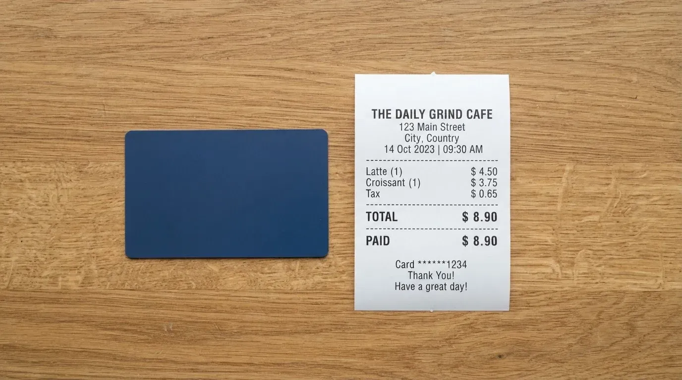 A receipt and a card on a café table