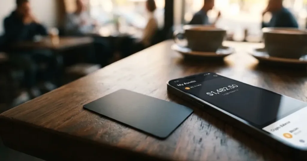 A payment card next to a phone with a crypto wallet app open