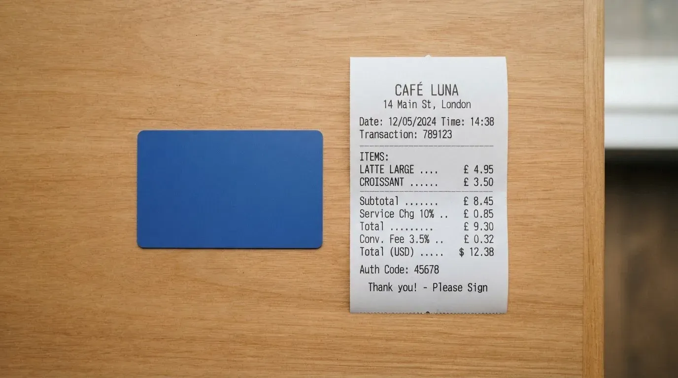 A receipt and a card on a café table