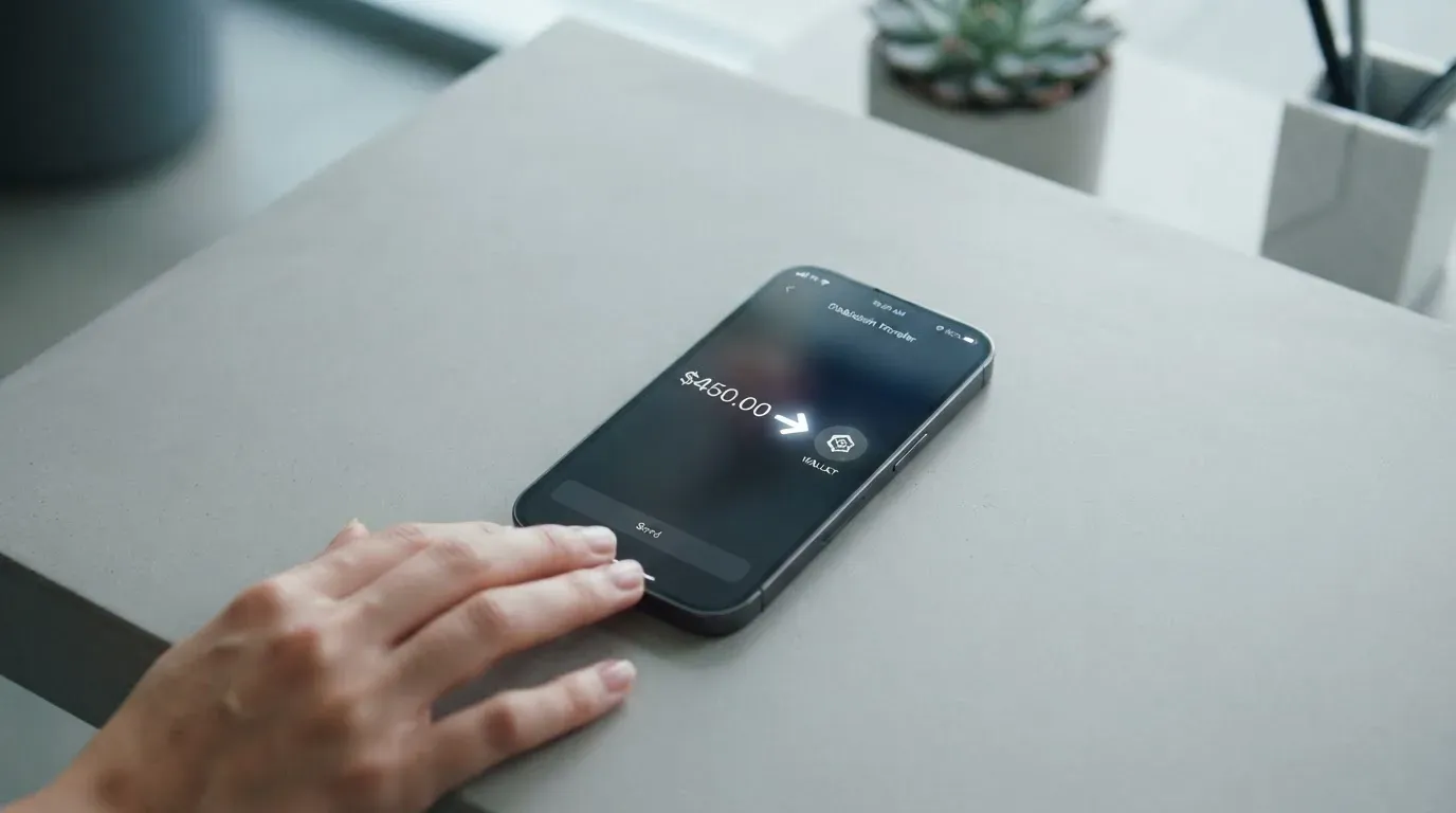 A phone showing a stablecoin transfer screen