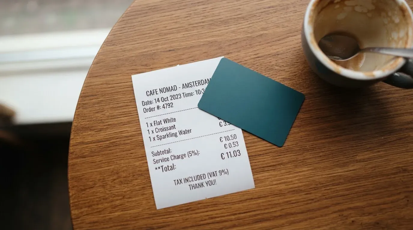 A receipt and a card on a café table