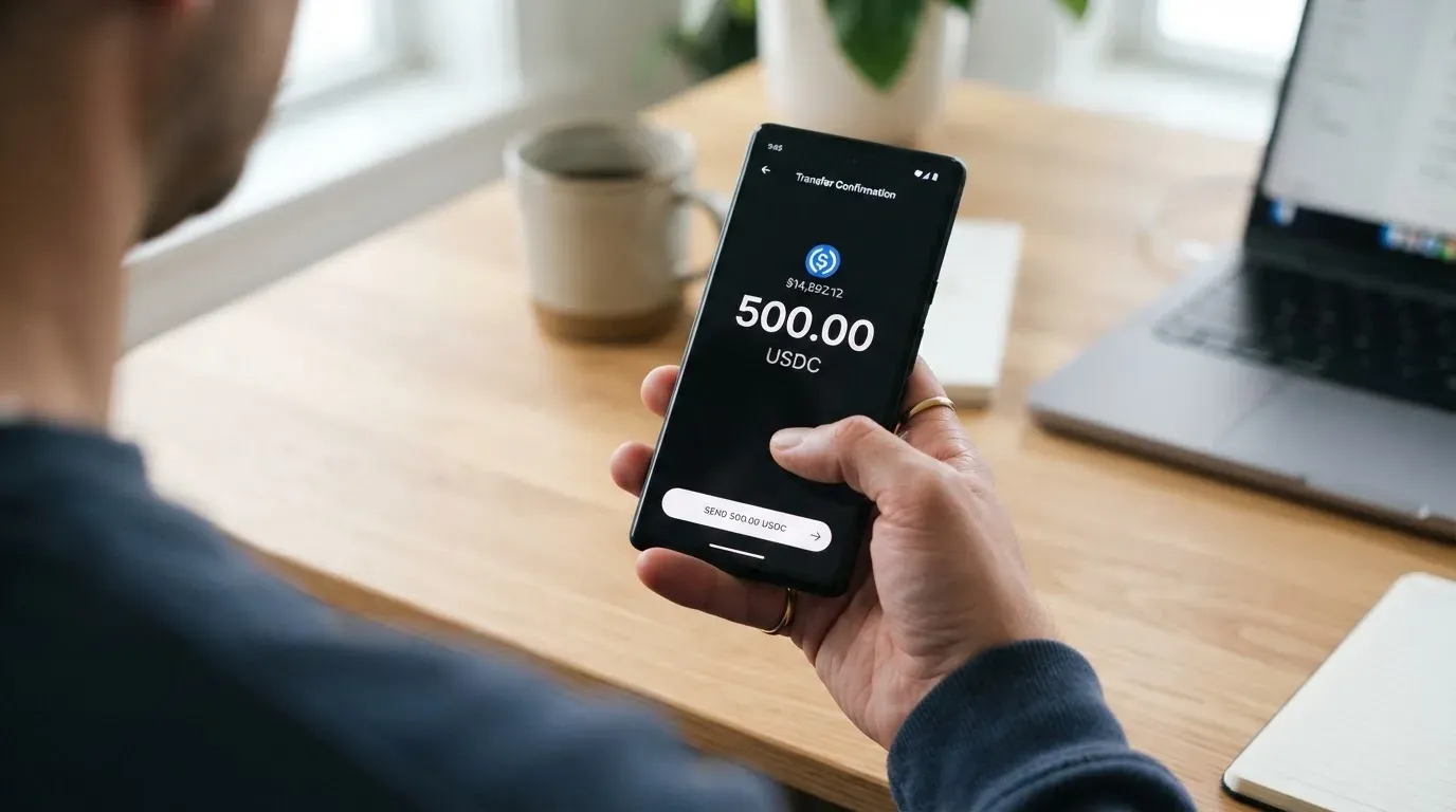 A phone showing a stablecoin transfer screen