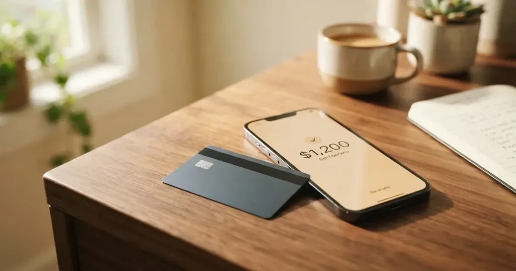 A payment card next to a phone with a crypto wallet app open