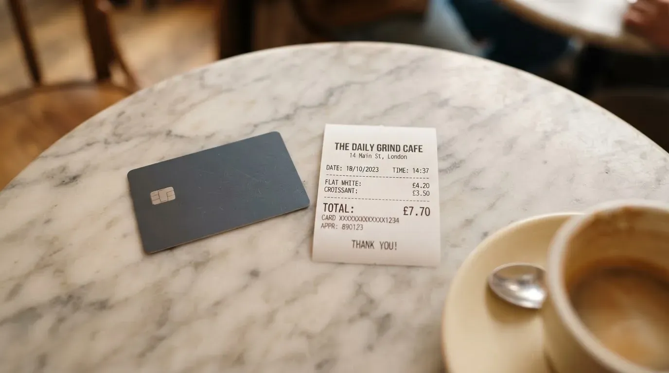 A receipt and a card on a café table