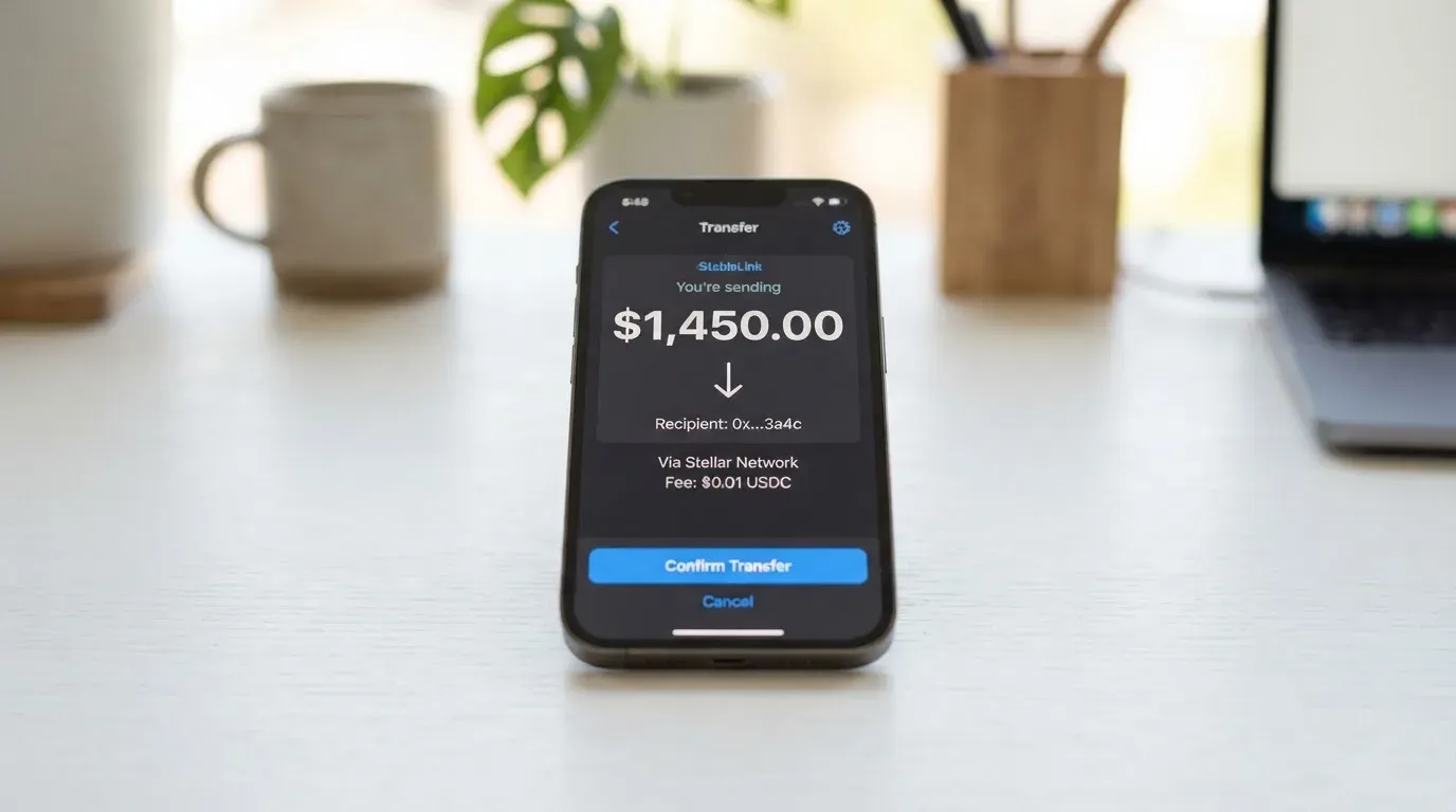 A phone showing a stablecoin transfer screen