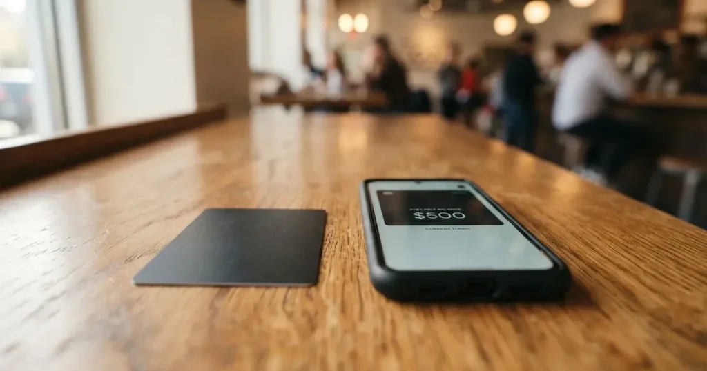 A payment card next to a phone with a crypto wallet app open