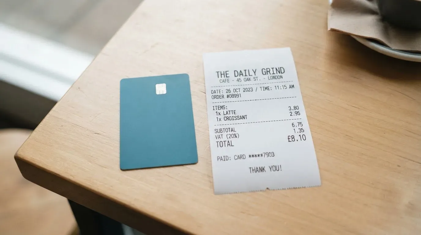 A receipt and a card on a café table