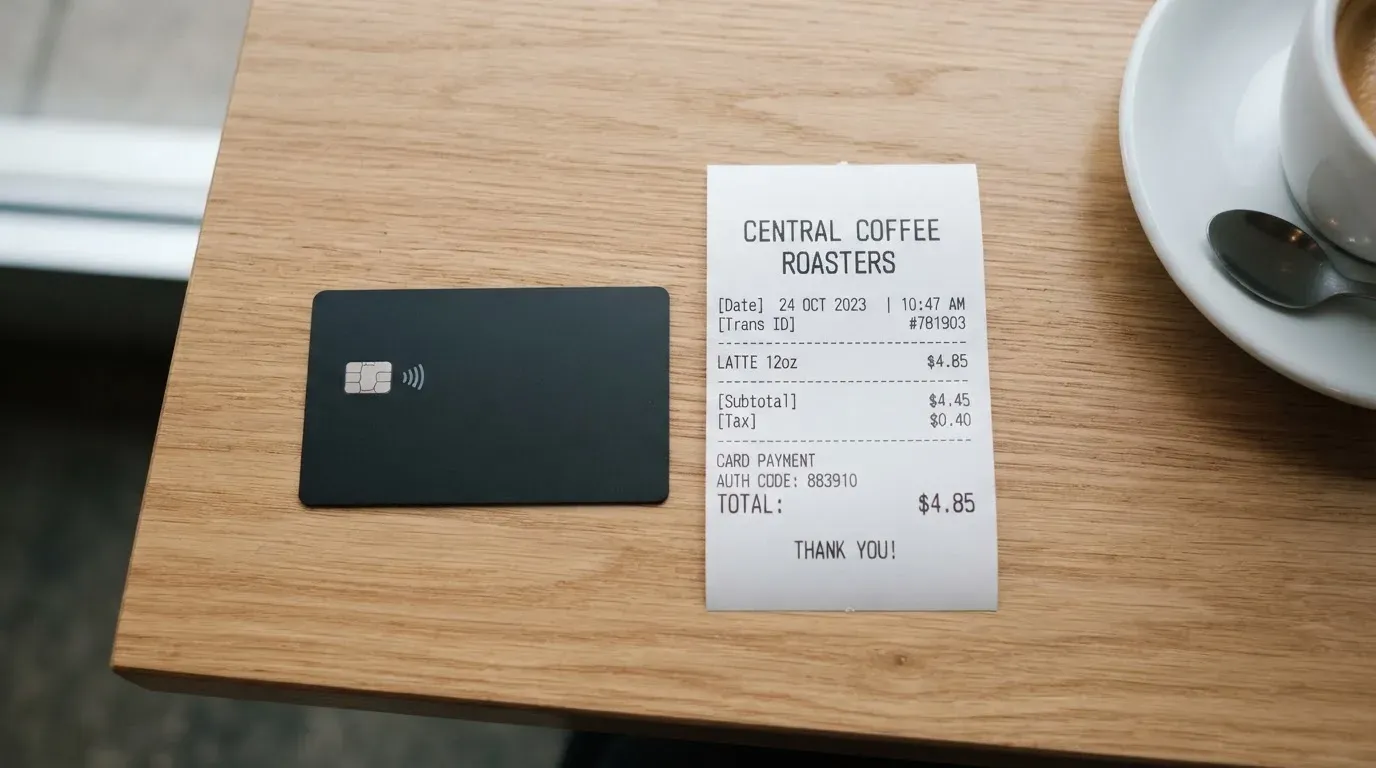 A receipt and a card on a café table