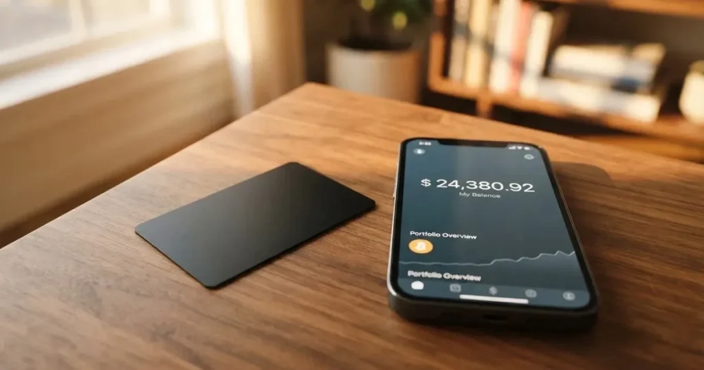 A payment card next to a phone with a crypto wallet app open