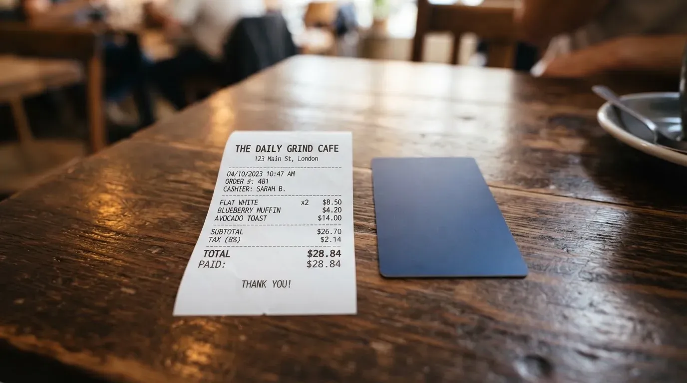 A receipt and a card on a café table
