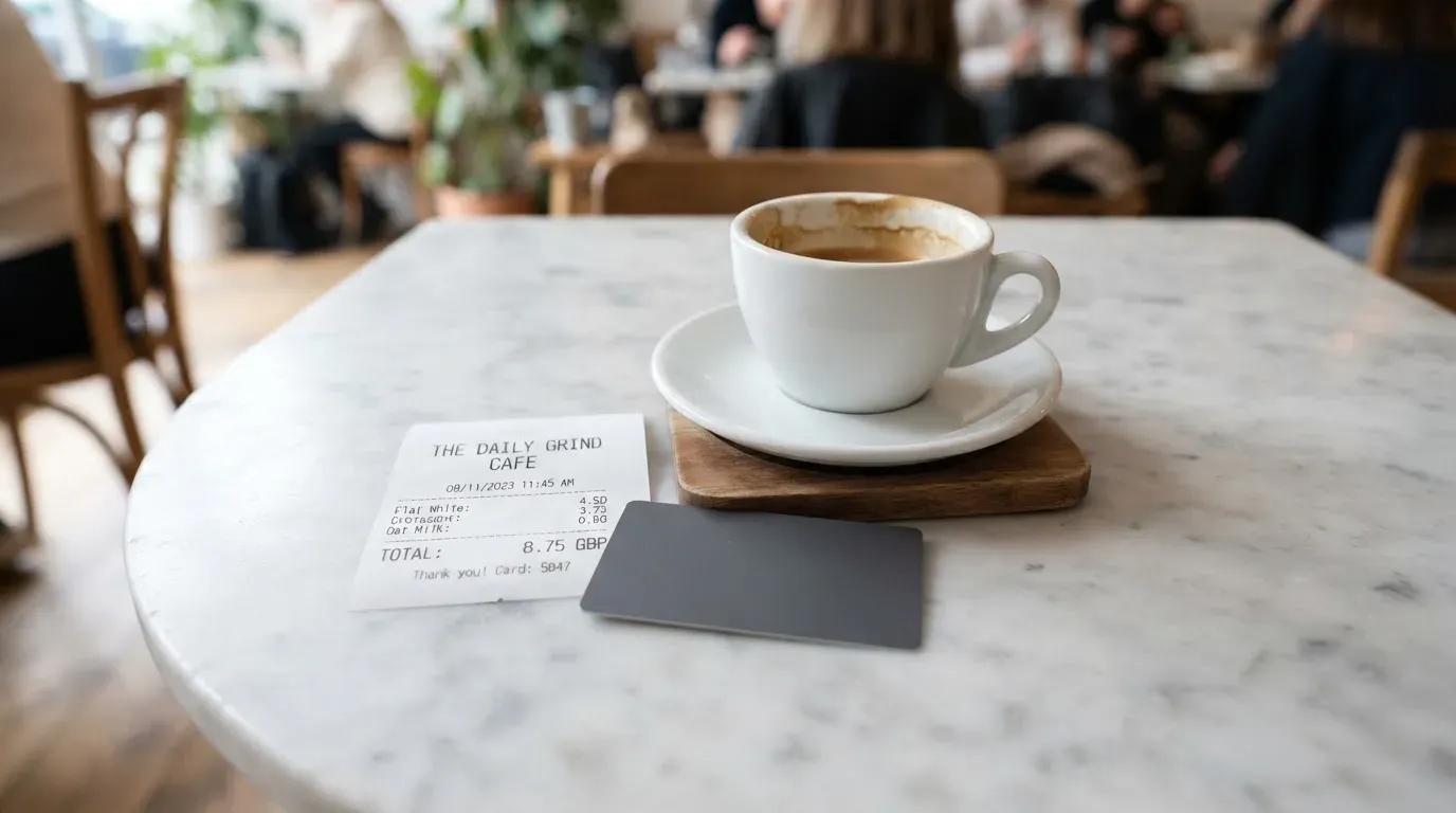 A receipt and a card on a café table