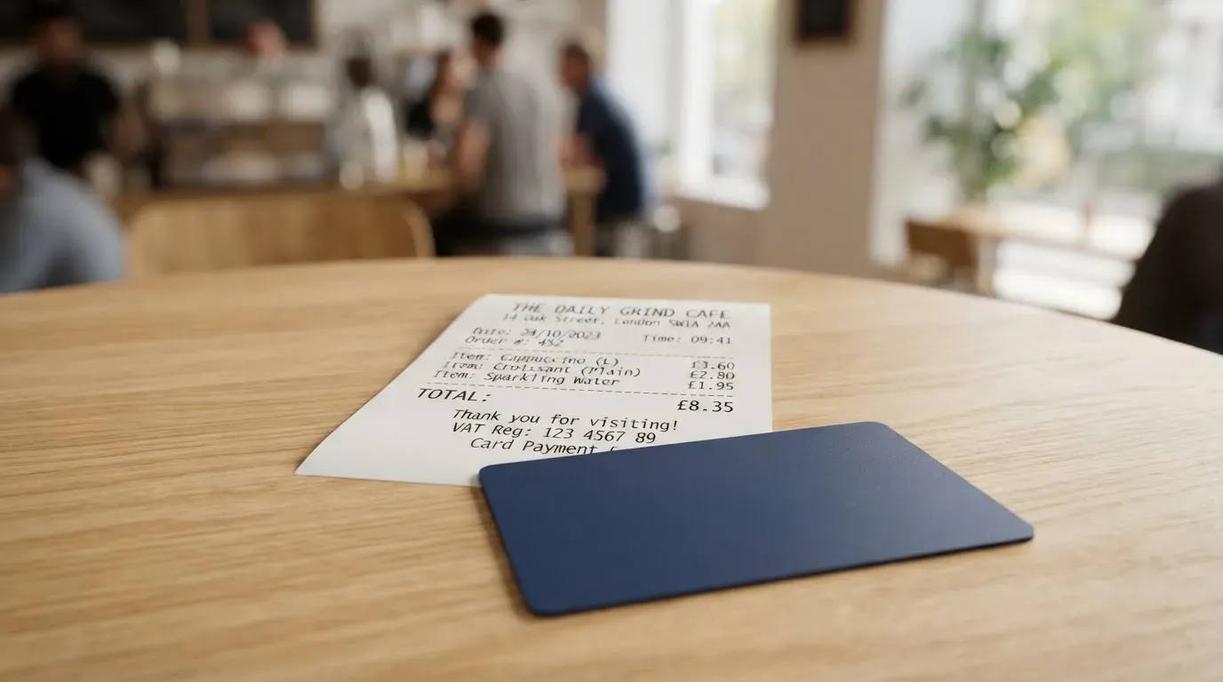 A receipt and a card on a café table