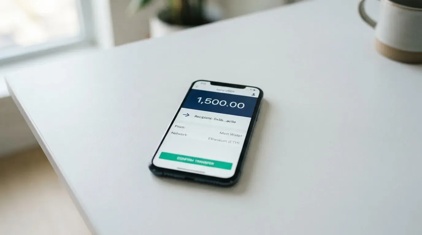 A phone showing a stablecoin transfer screen