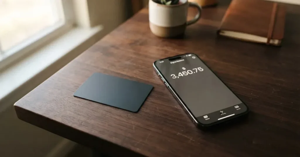 A payment card next to a phone with a crypto wallet app open
