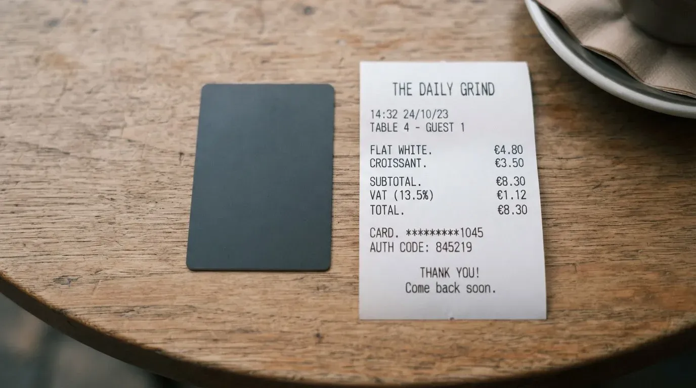 A receipt and a card on a café table