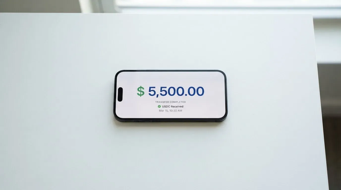 A phone showing a stablecoin transfer screen
