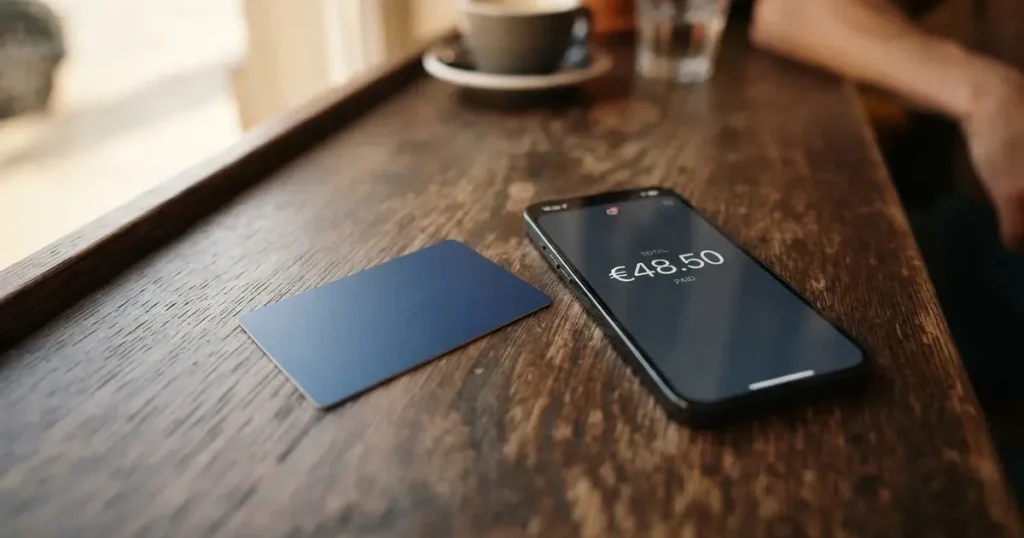 A payment card next to a phone with a crypto wallet app open