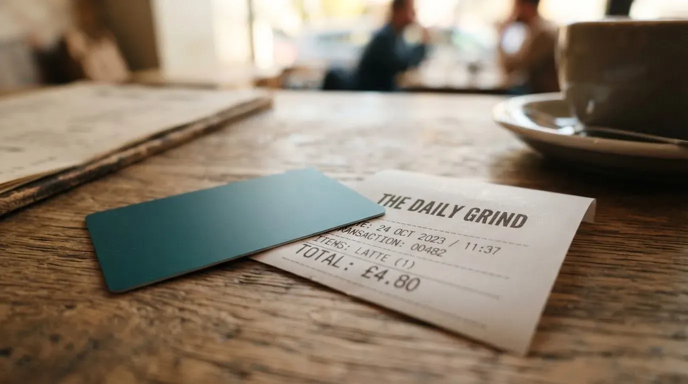 A receipt and a card on a café table